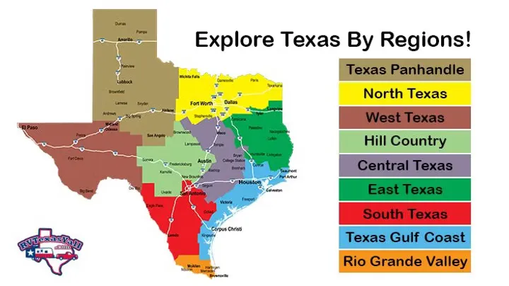 Explore Texas by regions: a color-coded map of nine Texas travel regions, including North Texas.